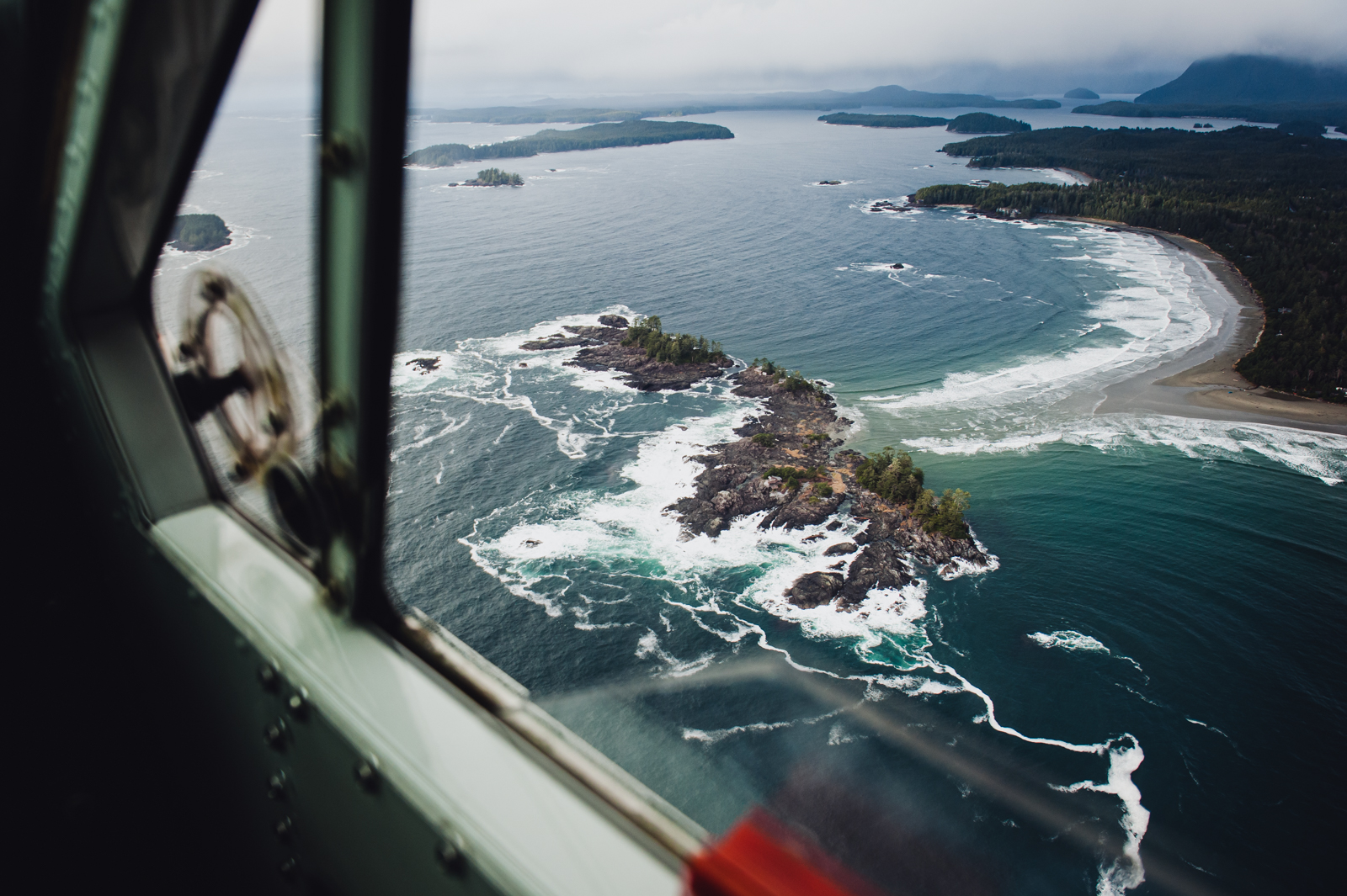 A view from the air of ocean and beaches near Tofino, BC