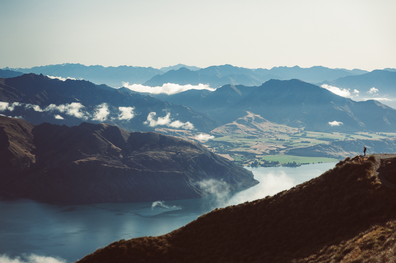 View of the dramatic landscape on the way to the summit of Roy's Peak in New Zealand